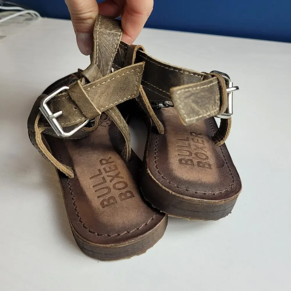 Bull Boxer Annalise Chain Sandals Leather Flats ‎ T-strap Thong Brown Boho